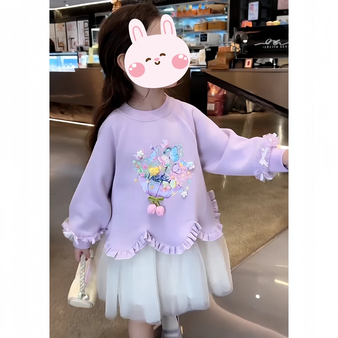 女童卫衣裙春秋款2025新款印花拼接网纱连衣裙公主裙秋装女孩甜美