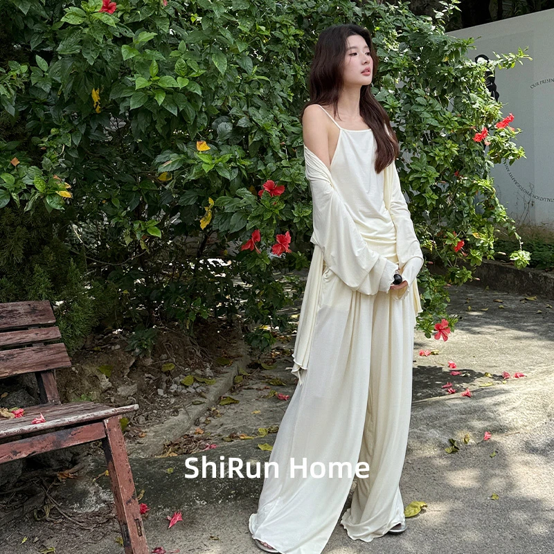 拾润春秋简约宽松莫代尔睡衣女式吊带三件套垂坠感设计感家居服