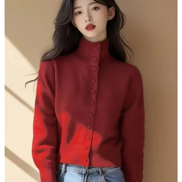 红色新年本命年穿搭毛衣女春秋季2025新款百搭风内搭针织开衫小个