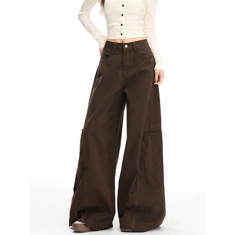 美拉德咖色阔腿工装牛仔裤女秋季高腰宽松显瘦弯刀直筒长裤子