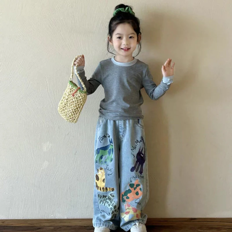 2025春季新款童装女童春款洋气假两件打底衫涂鸦印花牛仔裤直筒裤
