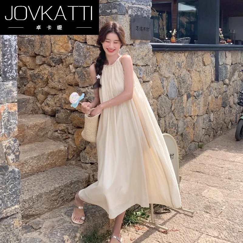 Jovkatti法式温柔风白色无袖挂脖连衣裙女夏2025别致绝美慵懒度假