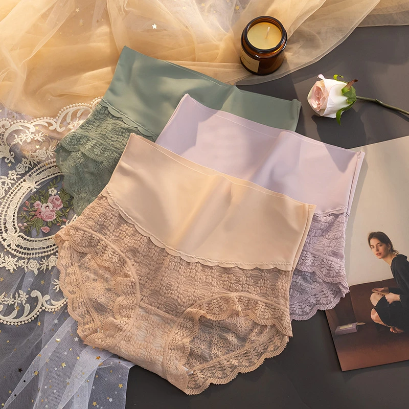 北极绒轻奢高腰棉裆内裤女士夏季薄款蕾丝加大提臀包臀无痕三角裤