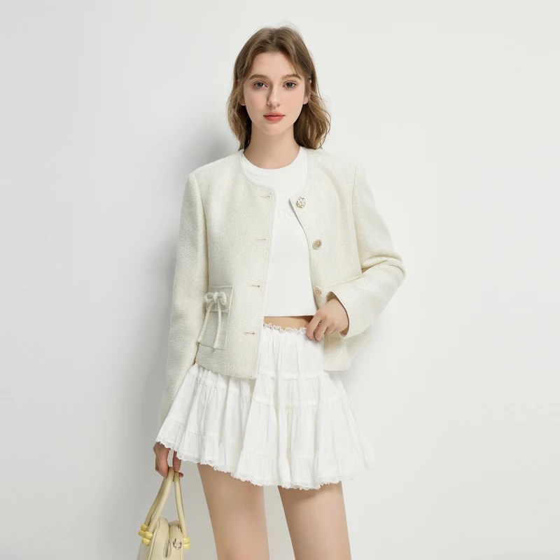 秋水伊人H型圆领垫肩短外套2025春季新款女休闲上衣625101B070230