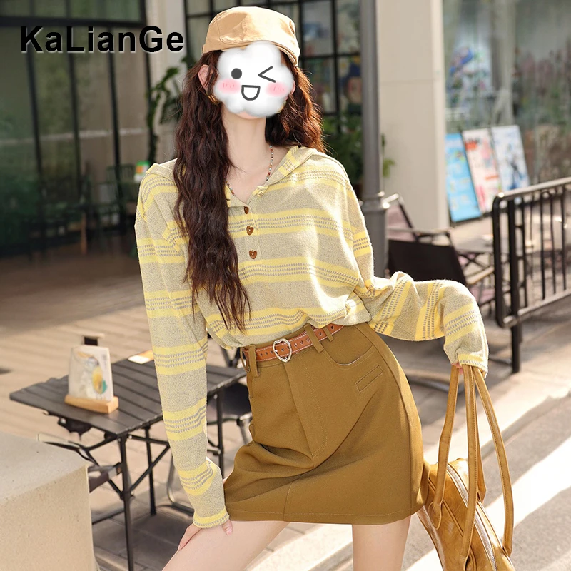 卡莲格/复古条纹连帽长袖打底衫女秋季新款显瘦设计感针织衫上衣