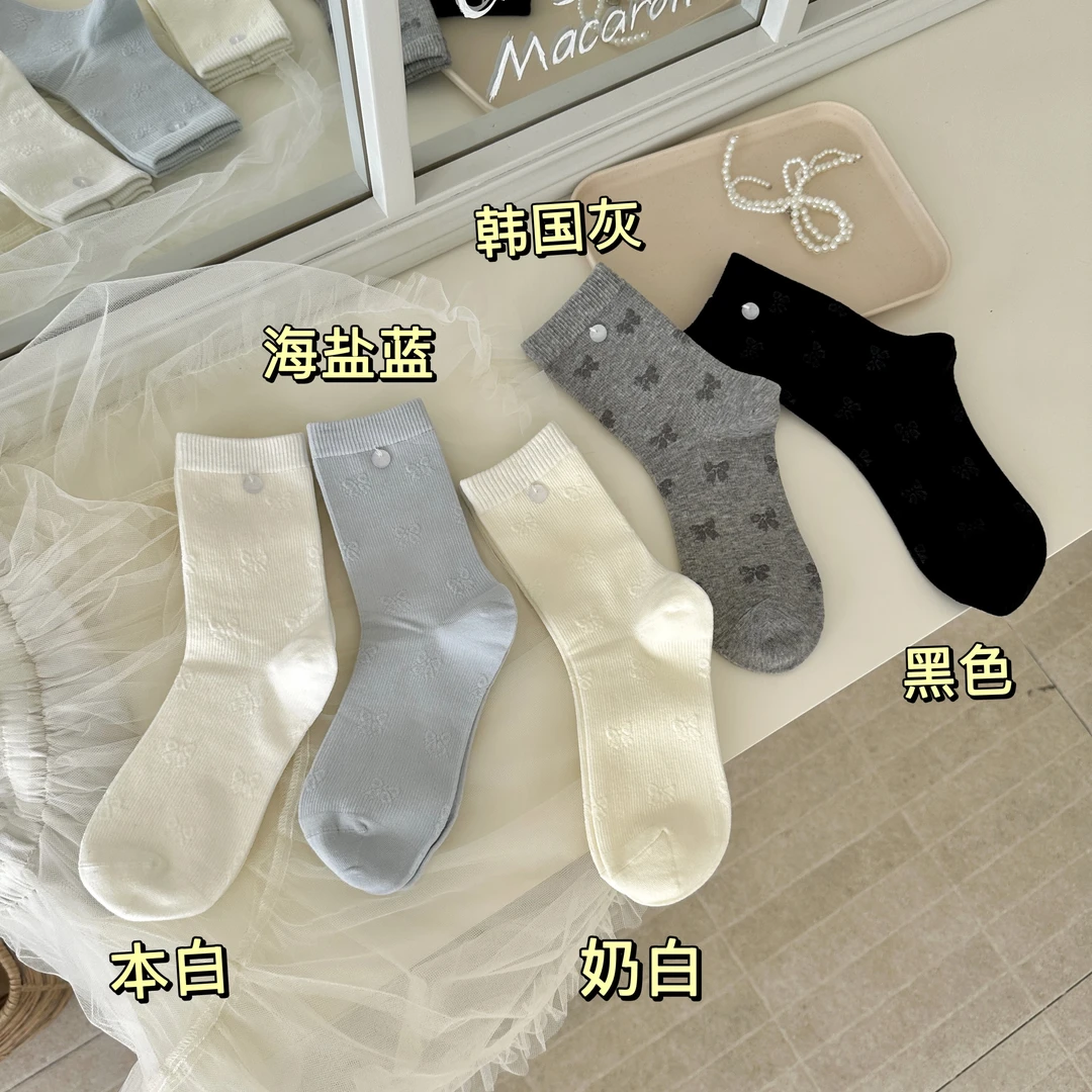 蝴蝶结扣子 立体浮花 棉袜