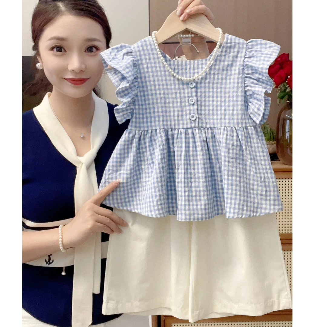 女童夏季格子套装洋气套头薄款套装奶2025飞袖裙裤两件套韩版潮