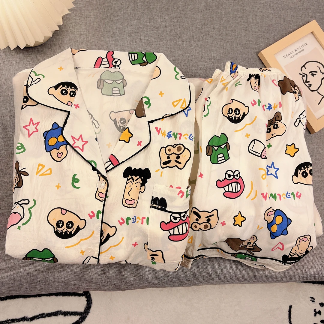 带胸垫睡衣女夏季短袖短裤可爱卡通韩版休闲宽松开衫家居服套装