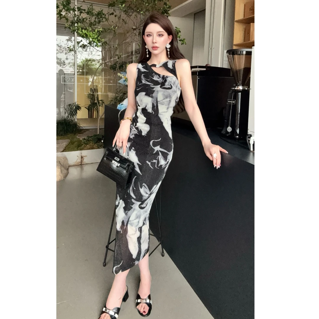 SS姗姗 【烟雨水墨】高腰花色吊带连衣裙潮流印花50570845--620