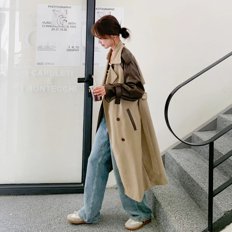 撞色拼接风衣外套女高级感气质小众休闲宽松显瘦2025秋季新款大衣