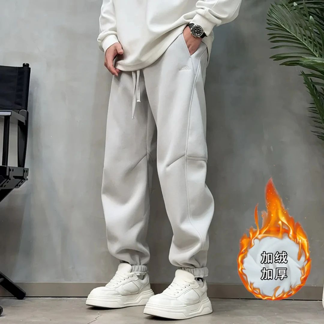 美式潮流重磅加绒加厚束脚卫裤男秋冬时尚刺绣宽松保暖百搭休闲裤