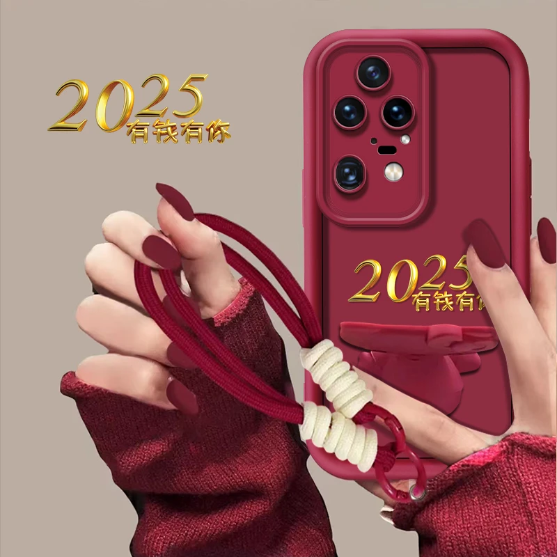 适用于【华为p50pro】2025有钱有你新年猫咪支架手机壳创意防摔女款