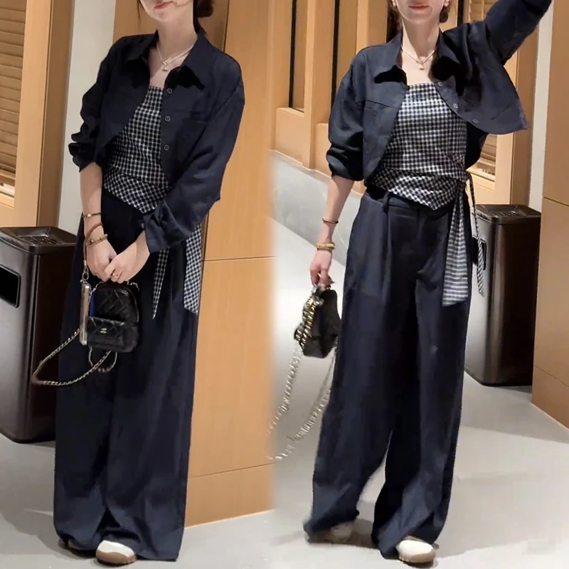网红洋气炸街套装女2025春秋新款格纹吊带长袖短外套阔腿裤三件套