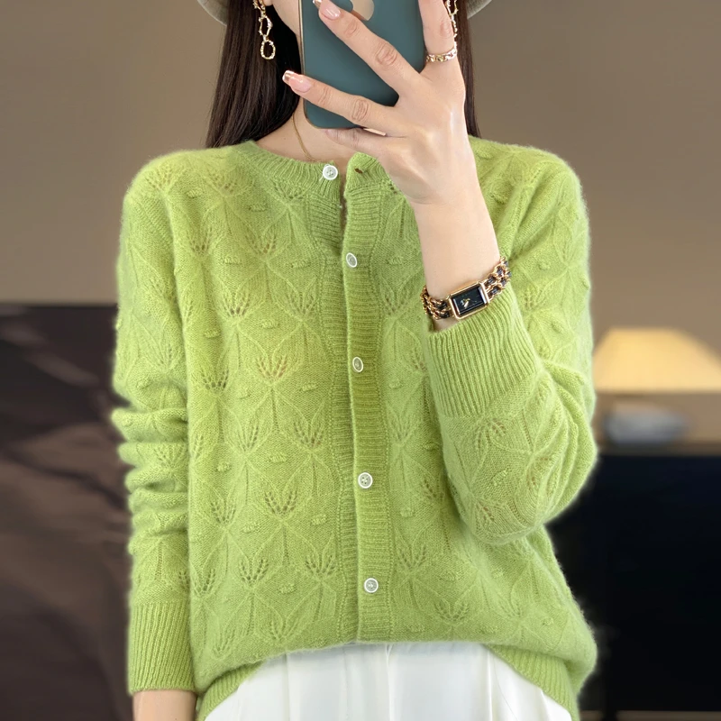 秋冬新款100%纯山羊绒衫软糯设计鼓包圆领镂空重工提花宽松女开衫