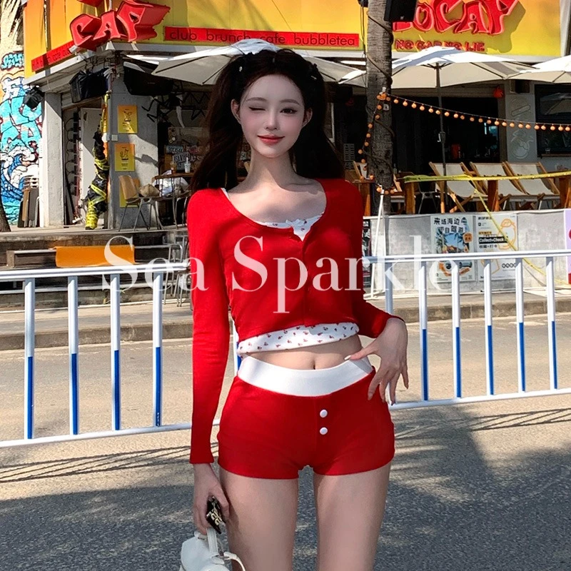 [Sea Sparkle] 百利甜 ins红色碎花分体泳衣三件套平角温泉度假