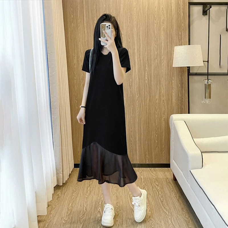 2025夏季欧货高端大码宽松长款连衣裙设计感拼接网纱鱼尾小黑裙女