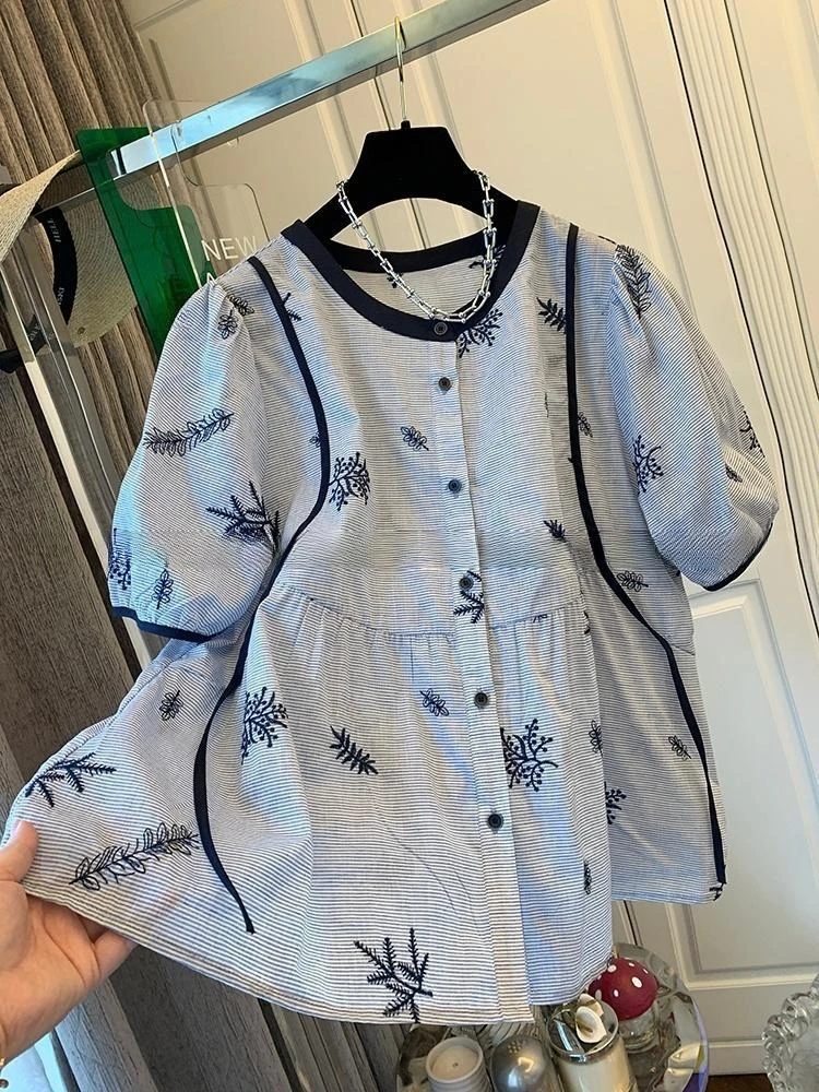 【多多外贸小多多】独特超好看法式刺绣条纹短袖衬衫宽松时尚上衣