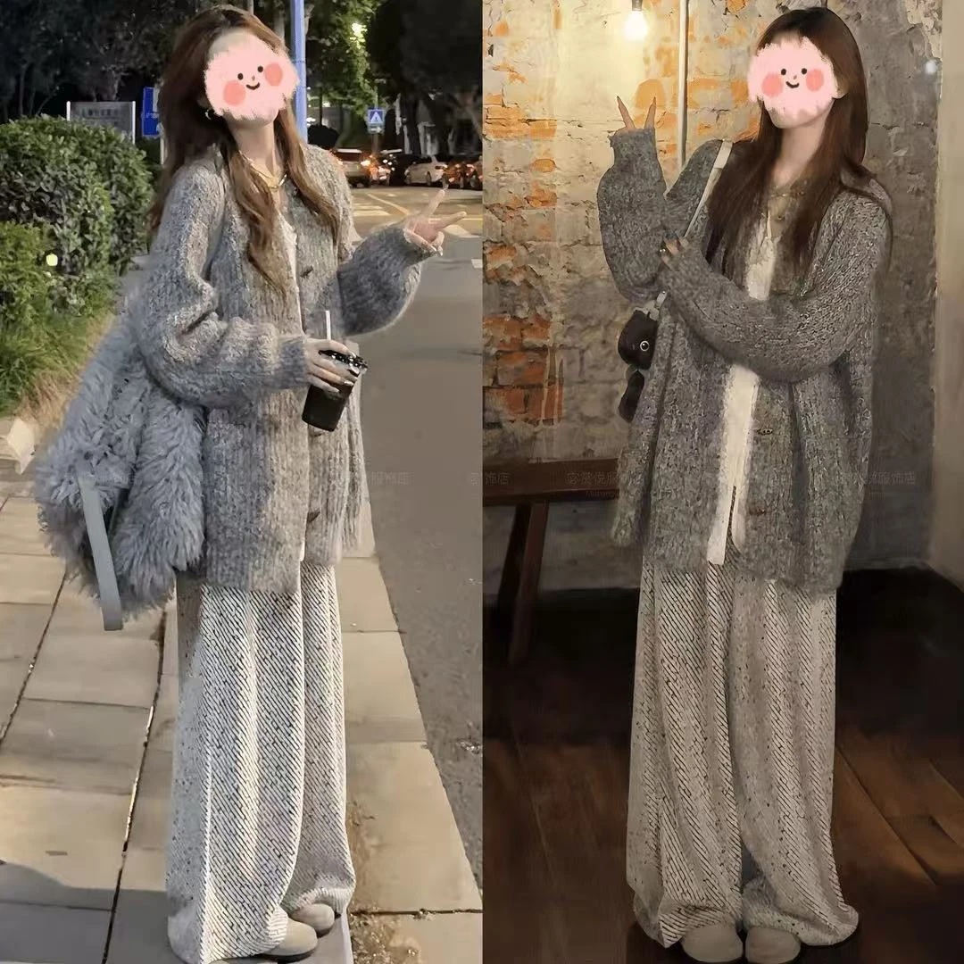2025早秋新款极简设计感时尚毛衣外套女上衣休闲阔腿裤两件套装女