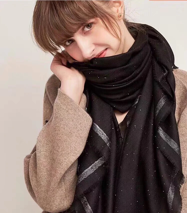 璀璨星空羊毛围巾女秋冬季超大两用薄款韩版百搭披肩黑色亮片