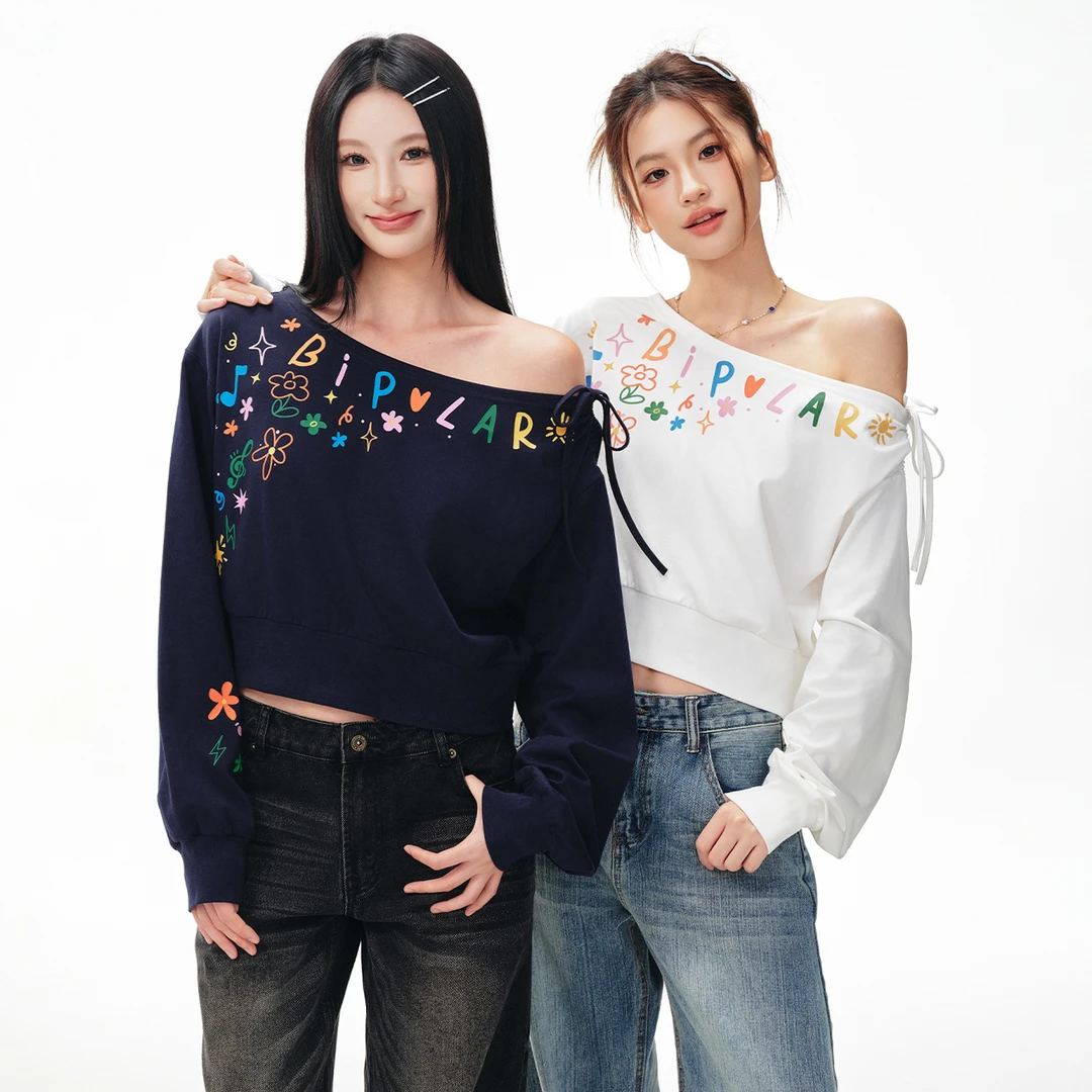 BIPOLAR彩色涂鸦斜肩女款宽松百搭时尚长袖T恤 11L199