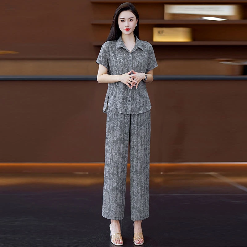 2025夏季新款时尚洋气印花衬衣套装女高腰垂感直筒裤气质两件套