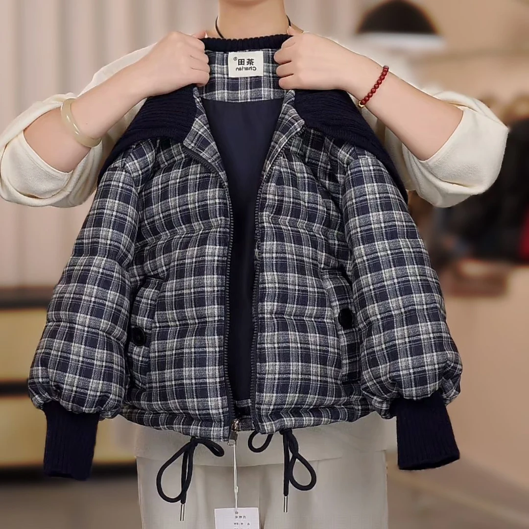 【DZ】冬季儿童毛线大翻领加绒加厚格子短款面包服棉衣外套HCE255