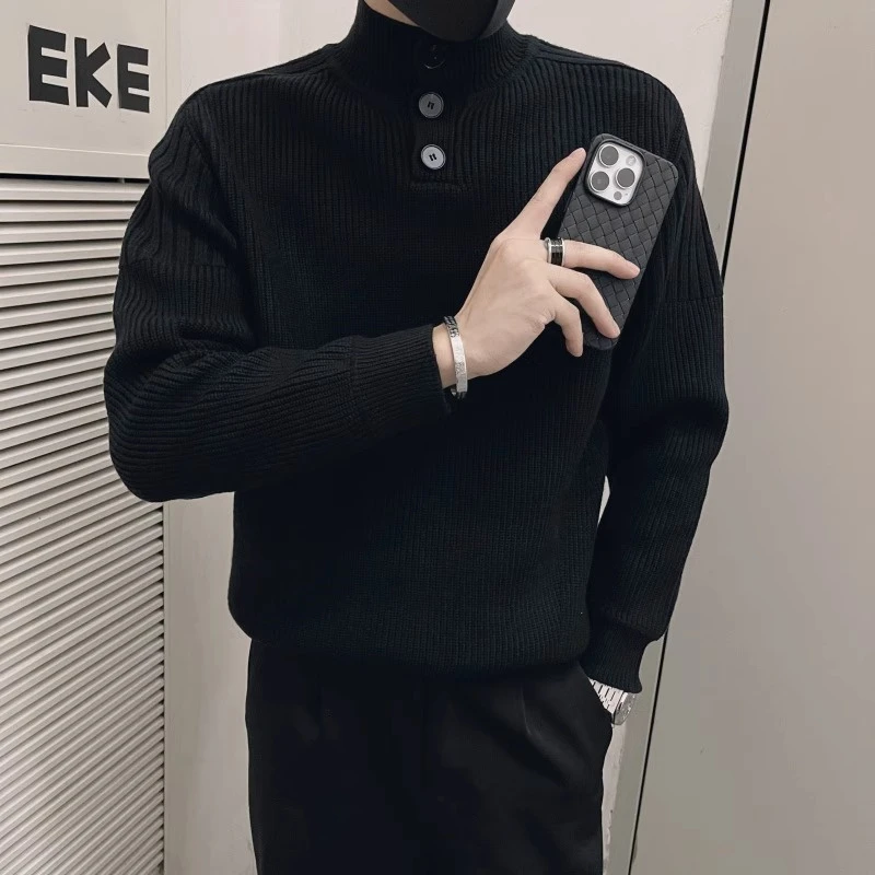 潮牌黑色高领排扣毛衣男秋冬季2025新款潮流打底衫内搭纯色针织衫