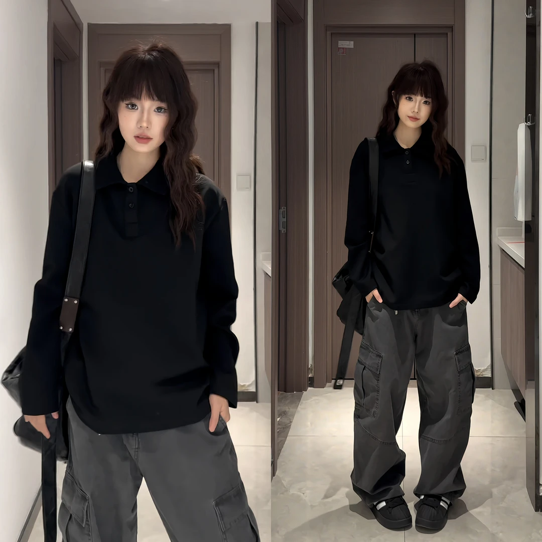 加绒加厚解构拼接长袖T恤男秋冬高级感亨利领卫衣潮牌美式POLO衫