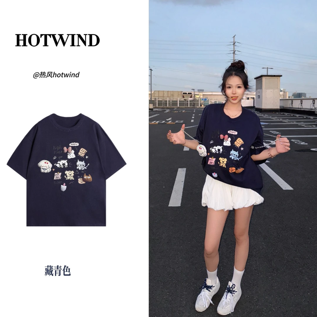 Hotwind/热风卡通手绘猫咪纯棉短袖t恤女夏季宽松甜美校园风减龄