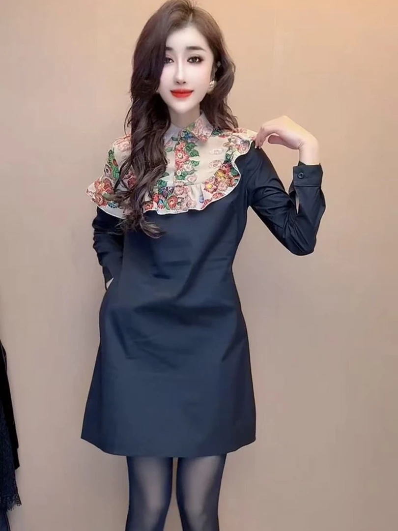 春季荷叶边中长款衬衫2025新款时尚设计拼接立领宽松遮肉连衣裙