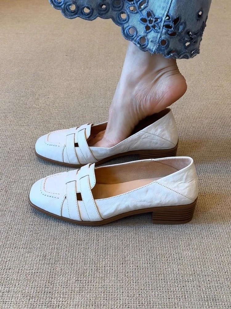 羊皮版~复古风方头百搭通勤单鞋2025夏季高级感粗跟浅口玛丽珍鞋