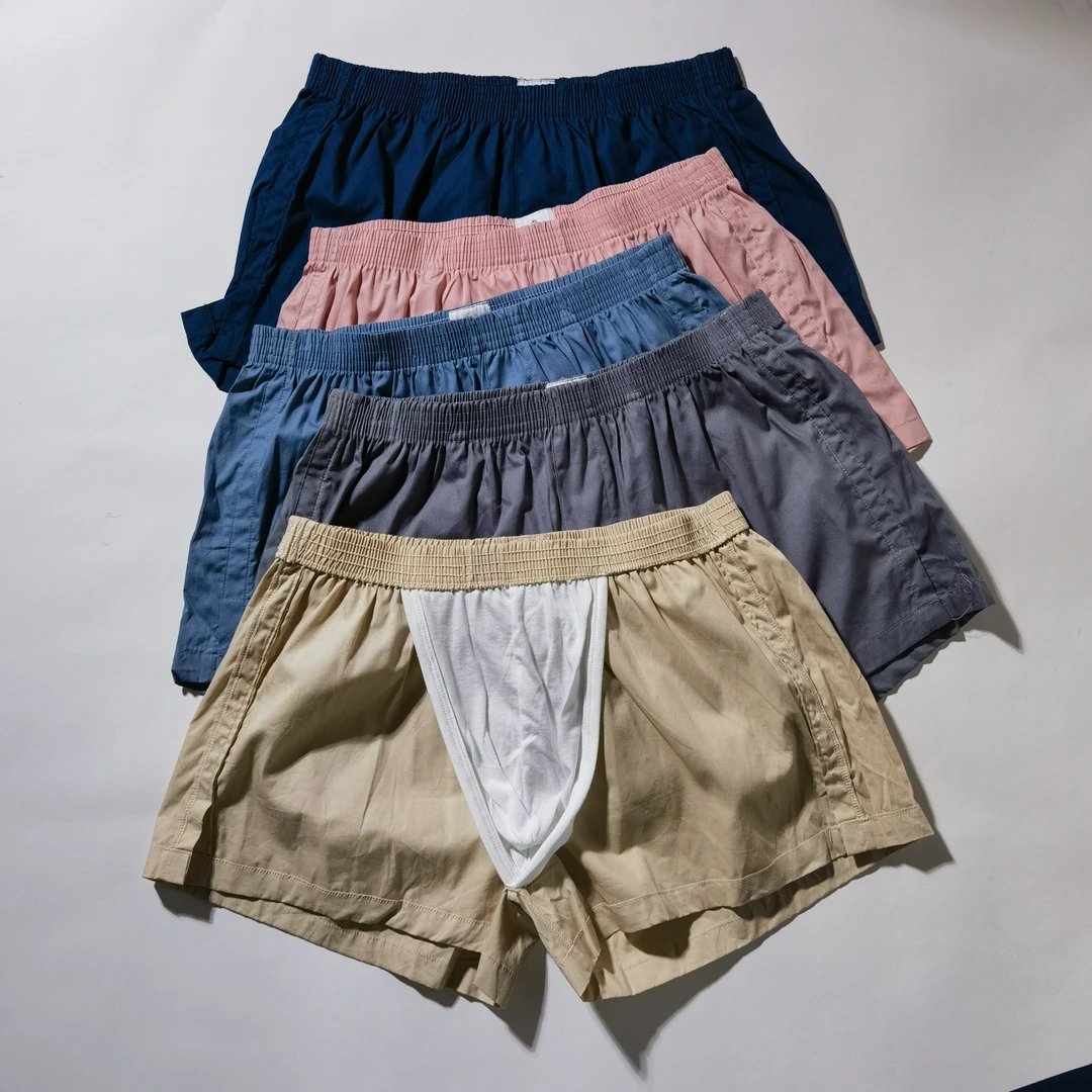 梭织纯棉男士阿罗裤带囊袋宽松内裤四角裤短裤平角裤家居裤睡裤