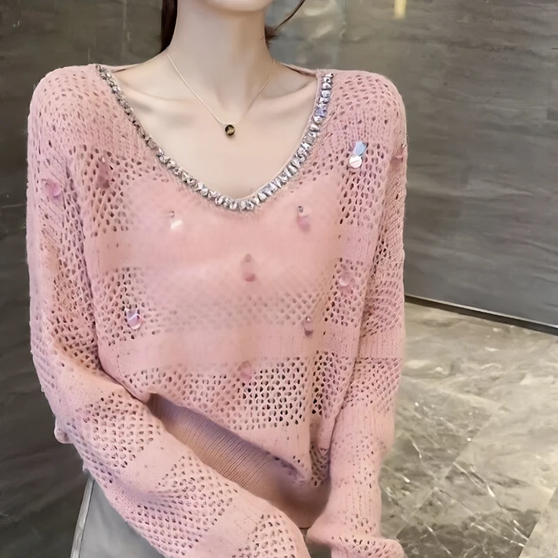 法式高级感气质设计感小众针织衫女2025春秋新款宽松显瘦粉色上衣