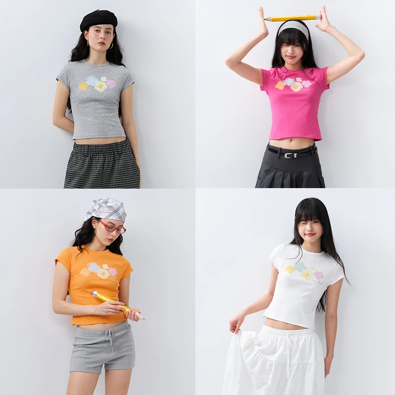 PSO Brand 女款修身棉弹力针织手绘花花圆领短袖NTX020