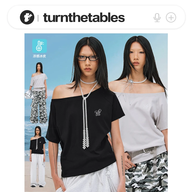 【多种穿法显瘦】Turnthetablesttt烫珠斜肩短袖T恤