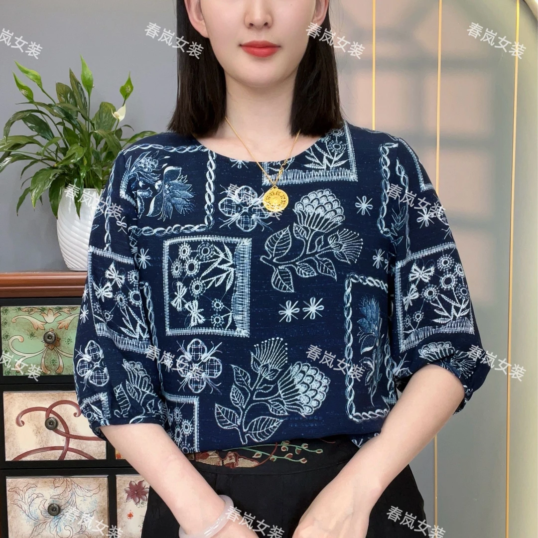 月明风清2025夏季新款圆领半袖中老年妈妈装亲肤透气女士上衣小衫