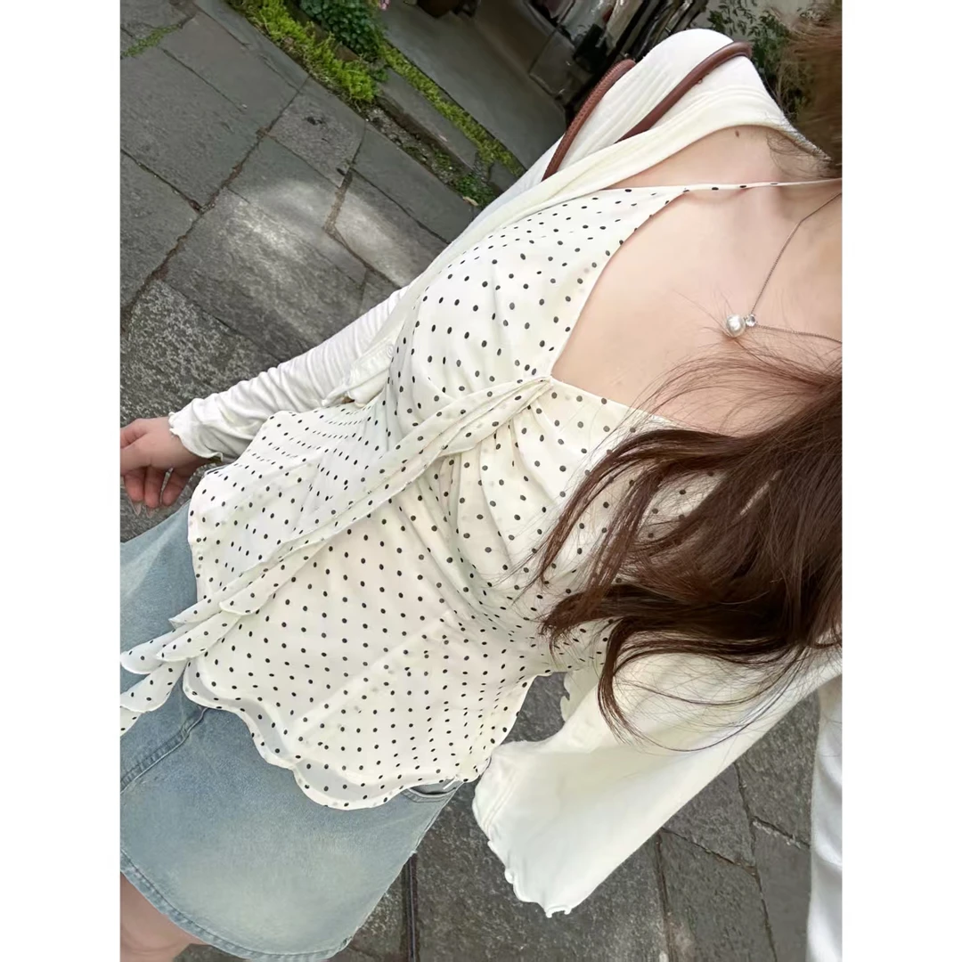 M u子酱微胖纯欲法式波点挂脖吊带WP9488+蓝色水洗牛仔短裙WP9576