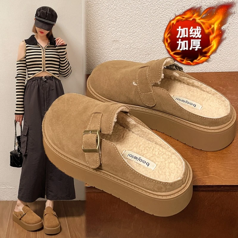 毛毛勃肯鞋女2025新款秋冬一脚蹬加绒保暖博肯鞋包头半拖棉鞋34码