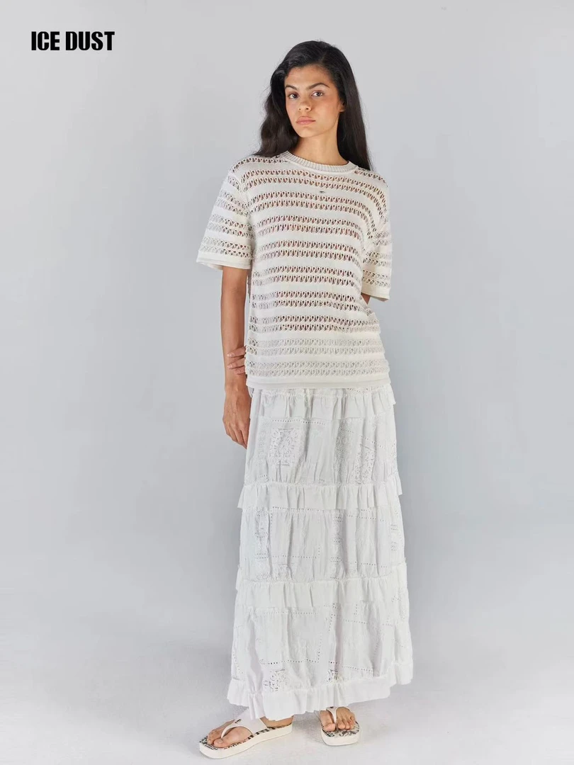 ICE DUST设计师品牌2025春夏新款百搭蕾丝花边蛋糕长半身裙