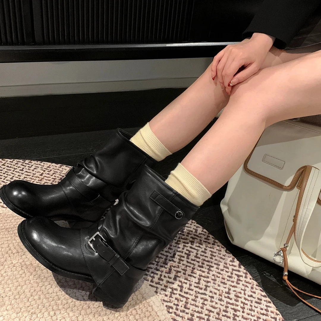SUSU 厚底褶皱堆堆裤管靴皮带扣骑士靴西部短靴子  2168-2 右2