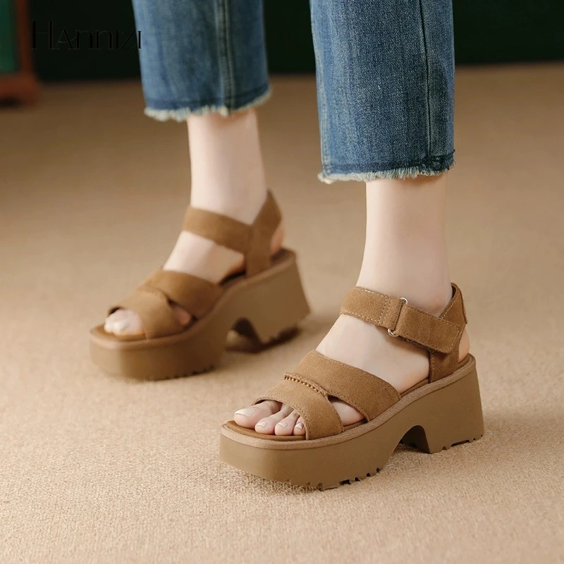 hannizi夏季露趾松糕底厚底高跟凉鞋高跟坡跟百搭休闲时尚罗马鞋