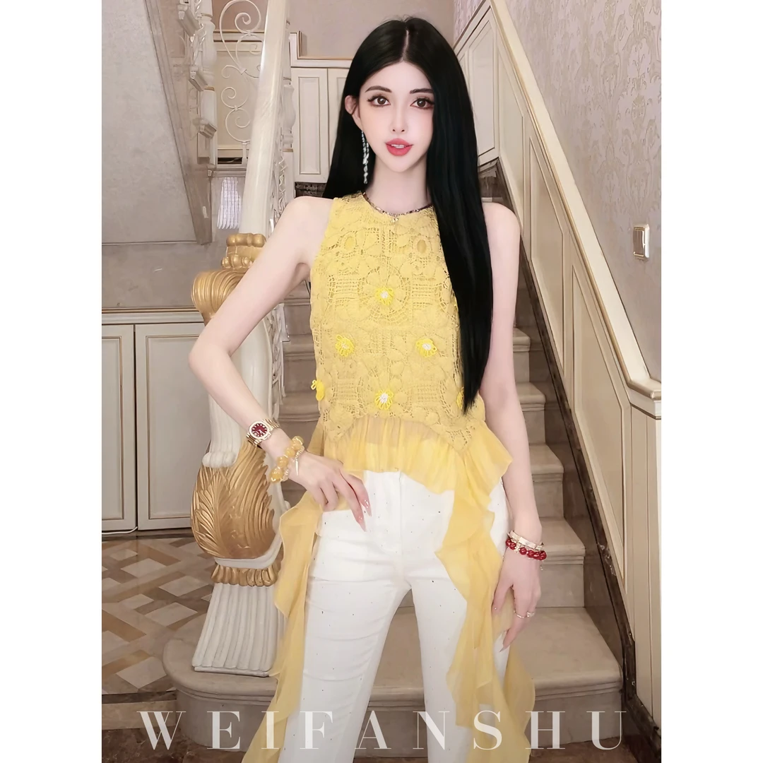 WEIFANSHU/魏凡舒【浅棠夏日】夏季新款设计感蕾丝钩花时尚百搭上衣