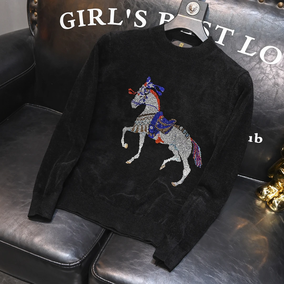 高端欧货潮牌男士天鹅绒毛衣冬季新款修身帅气烫钻内搭针织羊毛衫