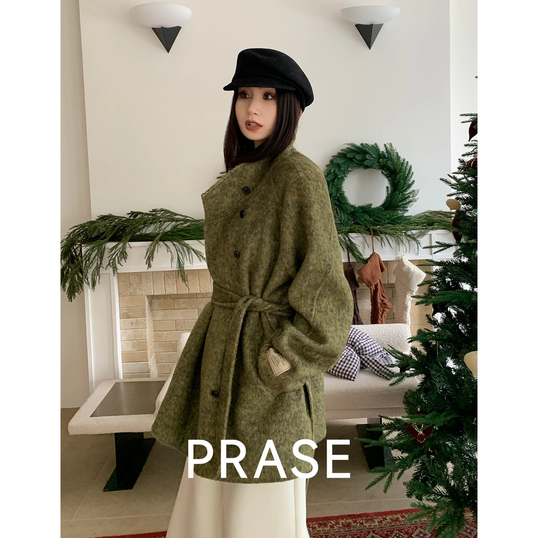 PRASE·噜【莫奈印象】桑蚕丝兔毛绵羊毛冬中长款双面呢大衣PR510C70