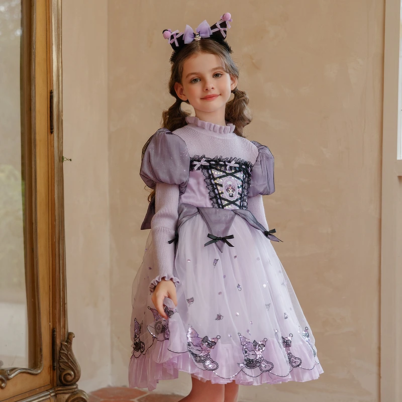 女童装秋冬新款库洛米公主裙 2025儿童蓬蓬纱紫色生日礼服连衣裙