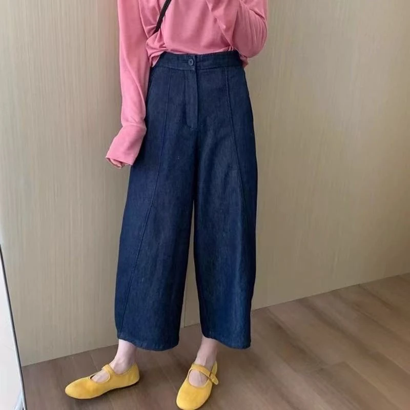 弯刀牛仔裤女2025夏季薄款大码胖mm宽松显瘦阔腿九分气球奶奶裤子
