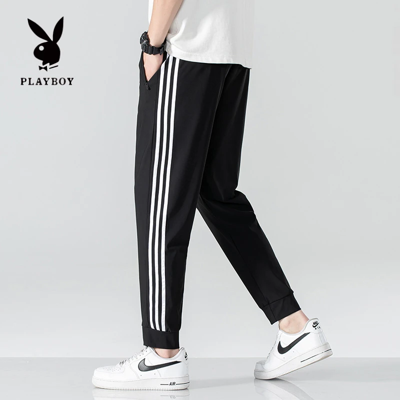 PLAYBOY/花花公子三条杠夏季冰丝裤男士薄款弹力速干运动休闲长裤