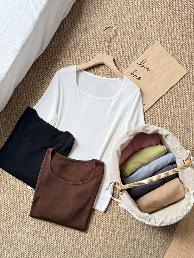 简约方领青年短袖冰感设计感内搭韩版复古风