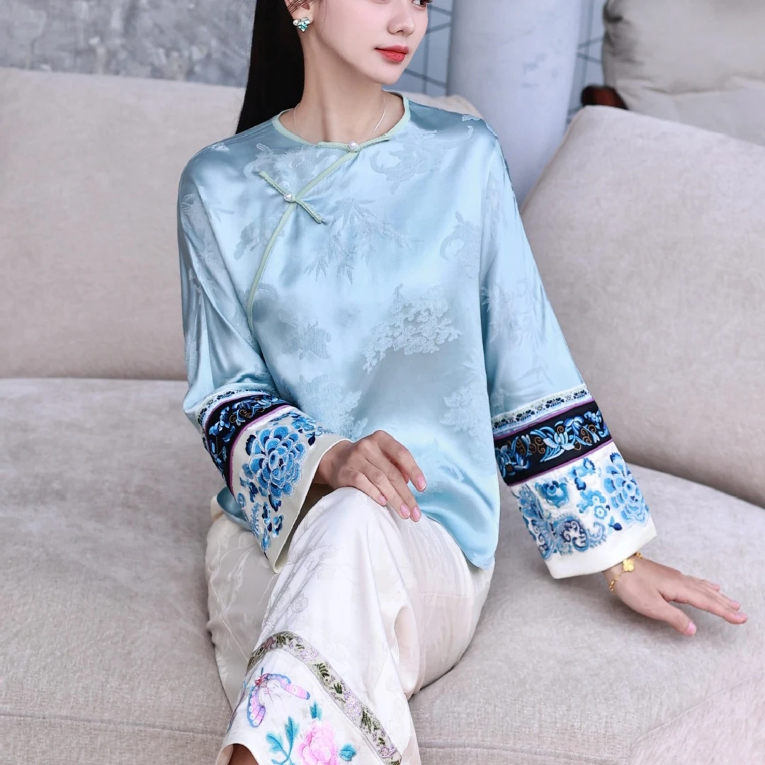 新中式长袖清宫斜起襟真丝刺绣小上衣宽松百搭国风复古中式T恤衫