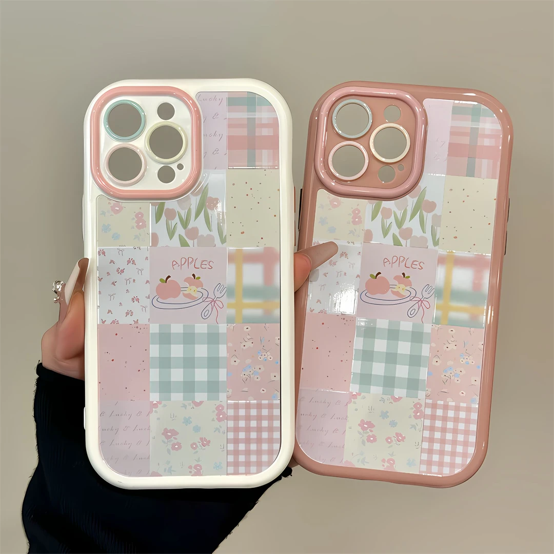 适用苹果16手机壳iPhone15奶油壳拼接碎花格纹华为mate70小众小米